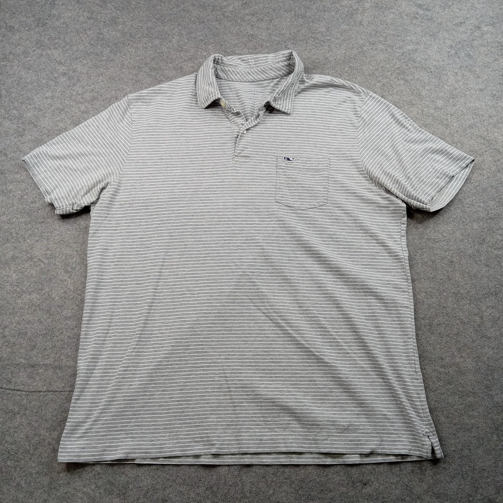 Vineyard Vines Polo Shirt Mens Large Gray White Stripe Pima Cotton Classic
